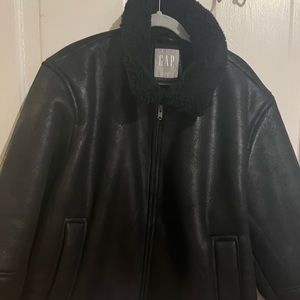 Mens GAP Black Faux Leather Bomber jacket. Sherpa collar and cuffs. Brand new.